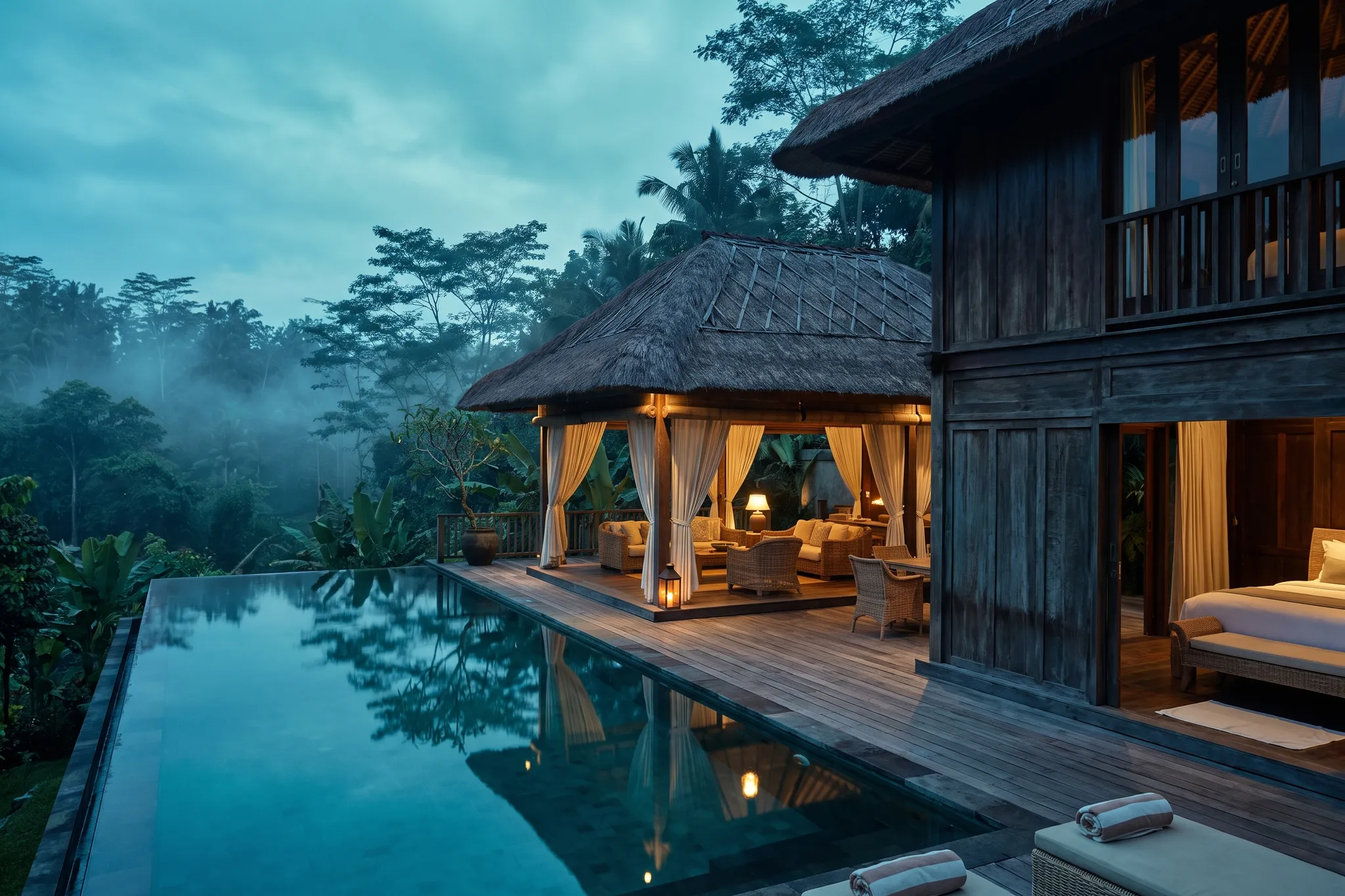 Private villa in Bali seen from the garden at first light, the open living pavilion and the pool edge in view