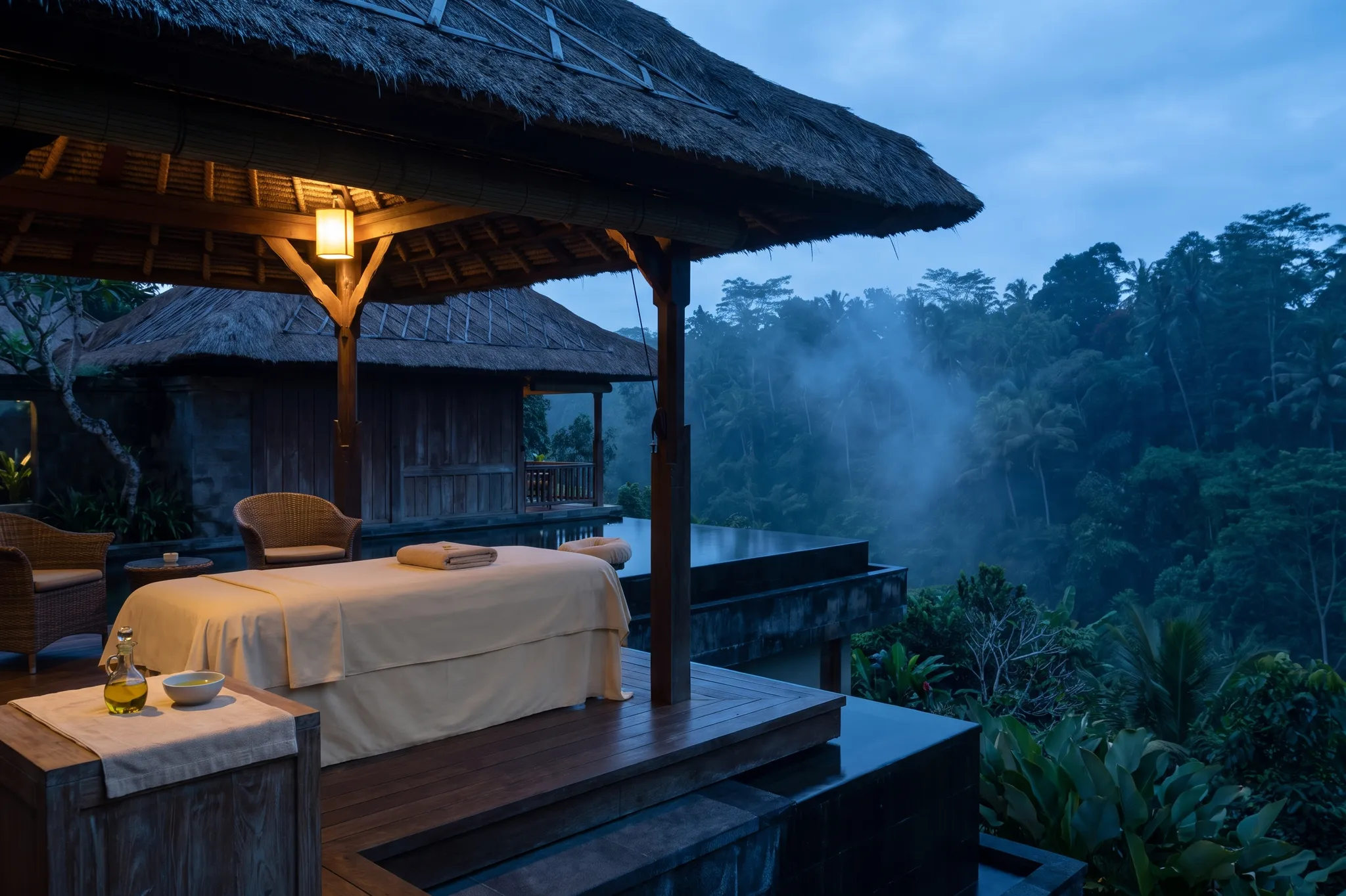 Prepared massage table under a villa pavilion for Balinese massage, cream linen, a glass bottle of coconut oil and a folded white towel