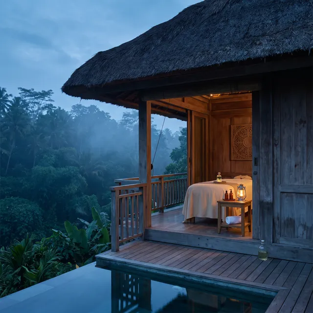 Massage table with white linen set up at a villa for Balinese massage, with a glass bottle of coconut oil and a folded white towel