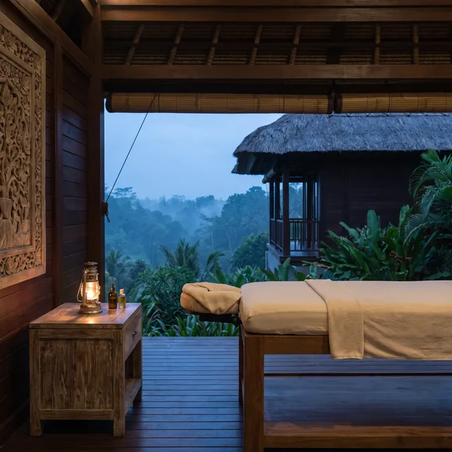 Massage table with white linen set up at a villa for deep tissue massage, with a folded firm towel and a bottle of unscented oil