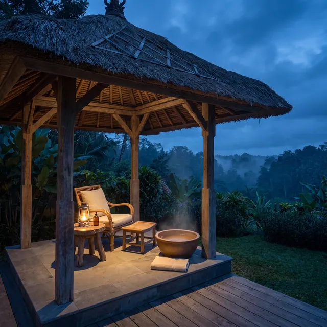 A rattan armchair with a footstool and a ceramic basin of warm water inside a villa pavilion at blue hour, ready for foot reflexology