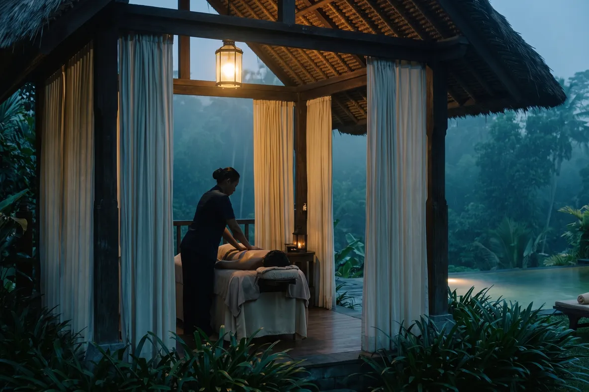 A massage therapist working at a villa pavilion at dusk, seen from behind, the guest resting under linen
